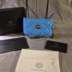 Versace Light Blue Quilted Card Holder with Gold Medusa